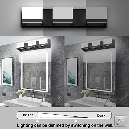 3 Lights Black Dimmable LED Vanity Light for Bathroom Up and Down Black Modern Bathroom Wall Light Fixtures Over Mirror