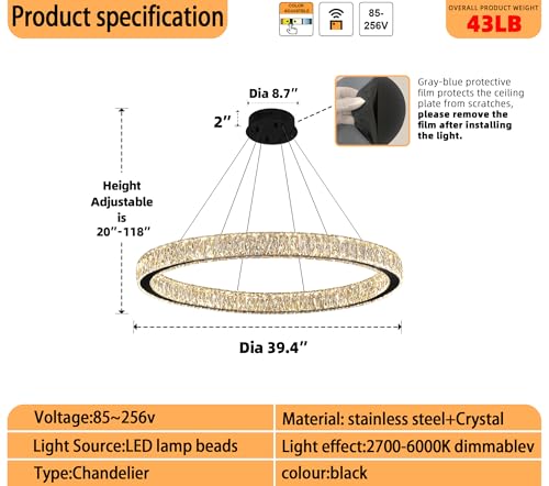 39.4in Large Ring Chandelier for Living Room Modern LED Black Crystal Chandelier for Dining Room Dimmable 2700K