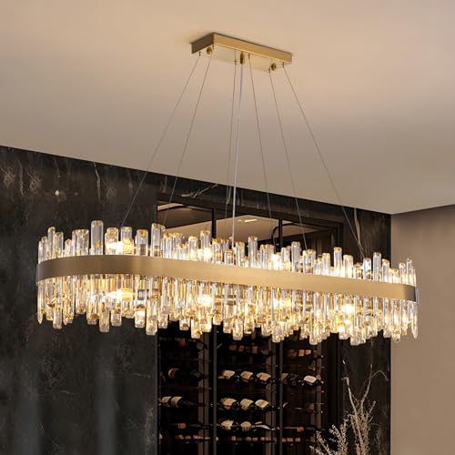 Modern Rectangular Gold Crystal Chandelier for Dining Room L52''
