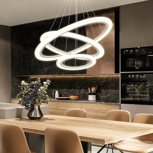 Modern LED Chandelier 3 Ring Chandelier for Dining Room Living Room Pendant Lighting High Ceiling Hanging Light Fixture for Bedroom Foyer Silver