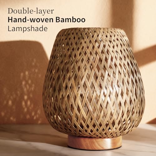 Boho Rattan Small Table Lamp with Double Layer Bamboo Woven Shade
