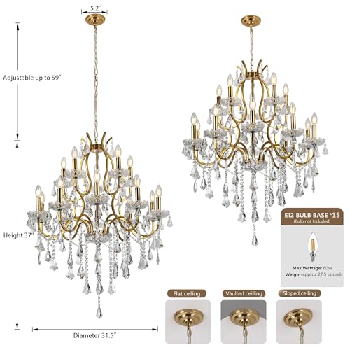 Antique French Country Gold Crystal Chandelier 2 Layers 15 Lights Dia31.5 Maria Theresa Light Fixture for Dining Room