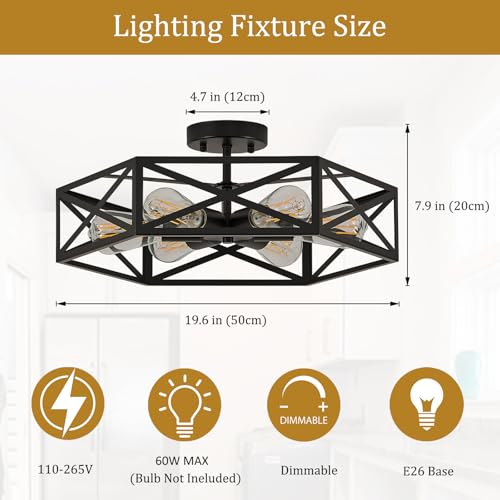 Black Modern Farmhouse Metal Semi Flush Mount Ceiling Light Fixture 19.7 in