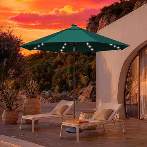 USA 10-Year-Non-Fading 10ft Market Patio Umbrella, Commercial Grade Table Sun Umbrella with 80 Solar LED Lights, Crank Open, Windproof & UPF 50+ UV Protection for Garden, Deck, Pool, Backyard, Forest Green