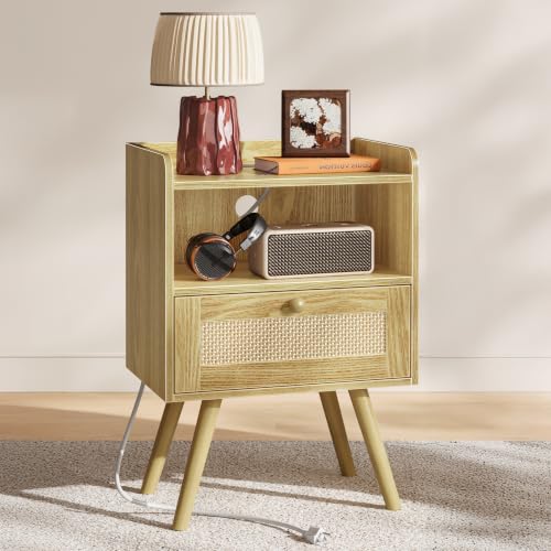Nightstand with Charging Station & Rattan