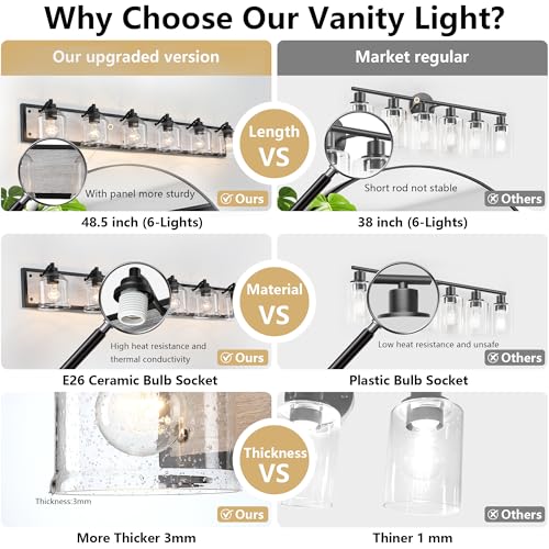 6 Light Bathroom Vanity Lights Large 40"with Bubble Glass Shade