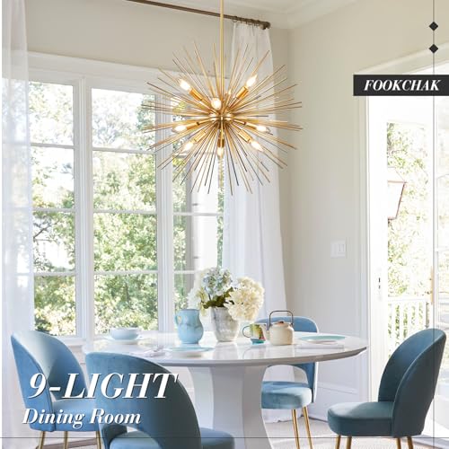 24in Gold Sputnik Chandelier 9 Light Starburst Light Fixture Solid Metal