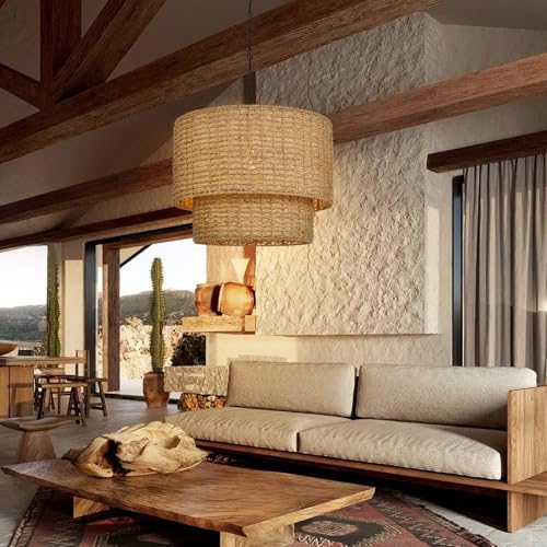 Large Rattan Chandelier Natural Woven Double Drum Pendant Light Vintage Ceiling Hanging Light Fixture for Kitchen Island Bedroom Hallway 23.62"