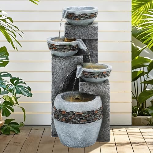 4 Tier Outdoor Water Fountain with Pebble Texture and LED Lights