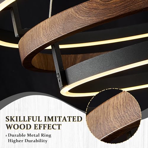 Modern LED Chandelier Black Wood Dimmable 3 Ring Foyer Entry Chandeliers
