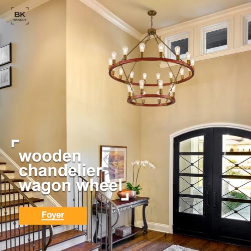 Farmhouse Large Wagon Wheel Chandelier 43" 2 Tier Rustic Gold Chandelier