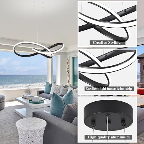 30" Black Modern LED Chandelier Large Irregular Ring Pendant Lighting Adjustable Hanging Light Fixture Modern Dimmable Remote Control Pendant Lights for Living Room Dining Room Entryway