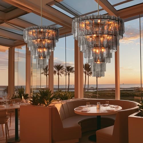 47" Extra Large Tiered Smoked Clear Textured Glass Chandelier