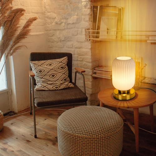 Mid Century Modern Table Lamp with Milk White Ribbed Glass Shade