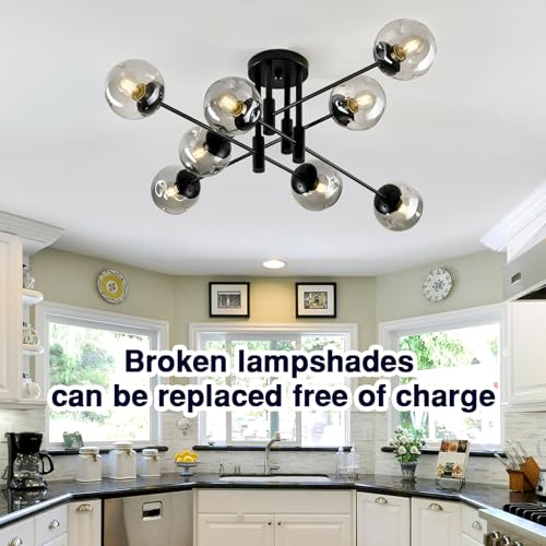 8 Light Glass Globe Ceiling Light Black Mid Century Flush Mount Sputnik Light Fixture Bubble Chandelier Living Room Farmhouse for Dining Room Kitchen Bedroom