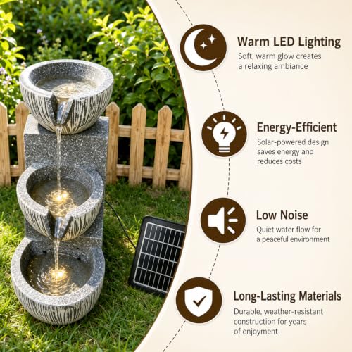 3 Tier Solar Outdoor Fountain with Warm LED Lights