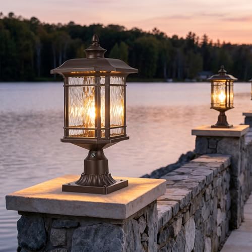 Dusk to Dawn Lamp Posts Outdoor Lighting Waterproof Outdoor Post Lights with Water Ripple Glass 16.5 Inch Height ORB Finish Lamp Post Light Fixture for Yard Patio Pathway Garden E26 Socket