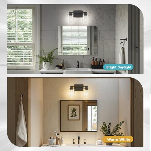 2 Light Black Bathroom Light Fixtures Over Mirror with Clear Glass Shade