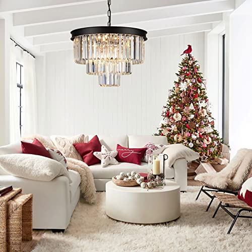 Black Crystal Chandelier Modern 20" Round Light Fixtures for Living Room