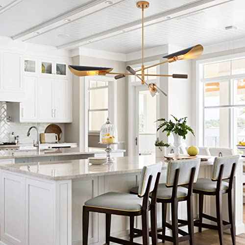 51" Industrial Farmhouse Chandelier with Antique Brass Brush Paint and Matt Black Finish, Wood Pendant Lighting Fixture for Dining Room Living Room Kitchen Island Bedroom 3-Light