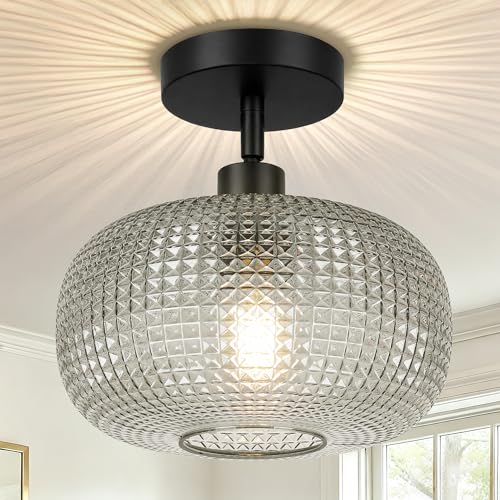 Modern Semi Flush Mount Ceiling Light with Smoky Gray Glass Shade