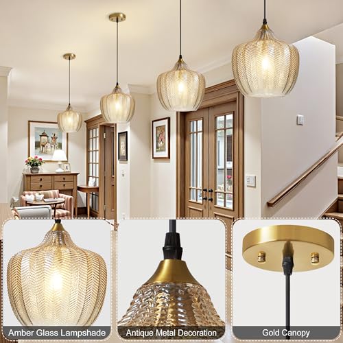 Amber Glass Pendant Lights Kitchen Island 2 Pack Gold Hanging Ceiling Light (2 Count)