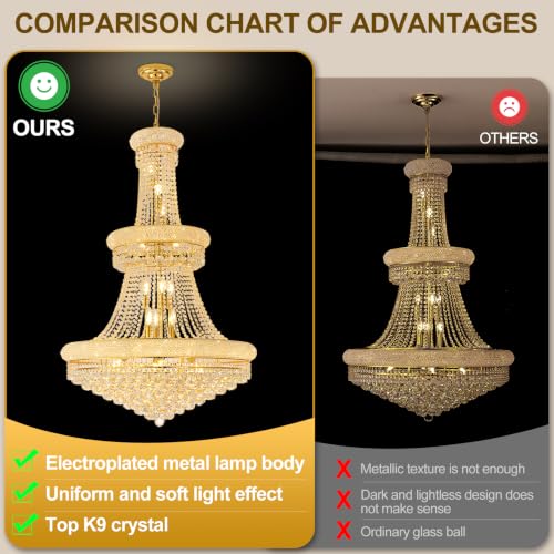27 Lights High Ceiling Chandelier Modern Gold Crystal Chandeliers Large Foyer Chandelier Fixtures for Staircase Living Room Hallway Entryway