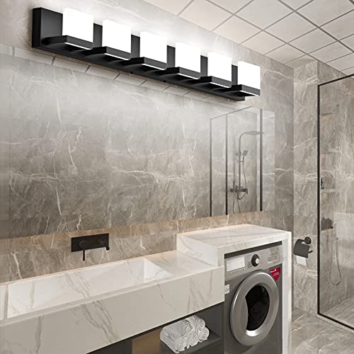 LED Modern Matte Black Bathroom Vanity Lights Over Mirror 6 Lights Up and Down Black Bathroom Vanity Light Fixtures 6000K