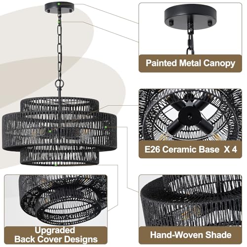 17.7" Black Large Boho Rattan Chandeliers for Dining Room