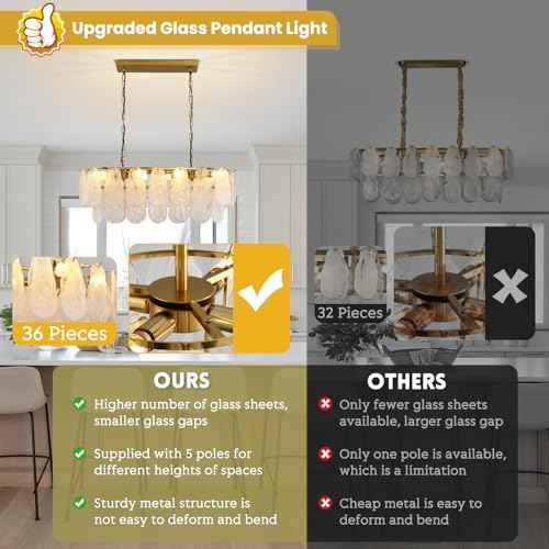 KELUOLY Gold Rectangle Chandeliers for Dining Room Modern Island Light Crystal Cloud Glass 8-Light Chandelier 2 Tier Rectangular Linear Pendant Hanging Ceiling Light Fixture for Kitchen L31.5” (E12)