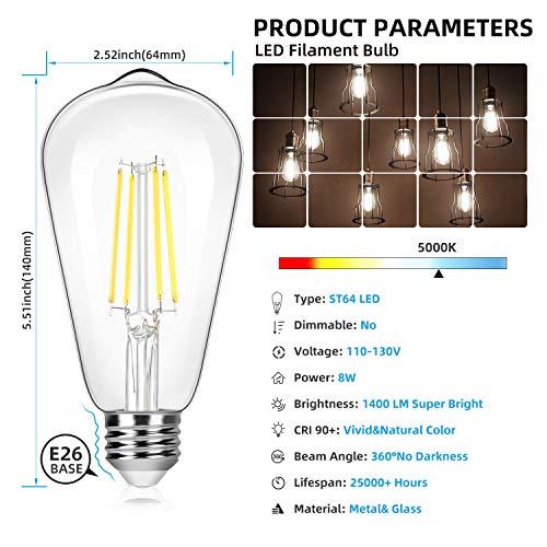 4 Pack Vintage 8W ST64 LED Edison Light Bulbs 100W Equivalent (4 Count)