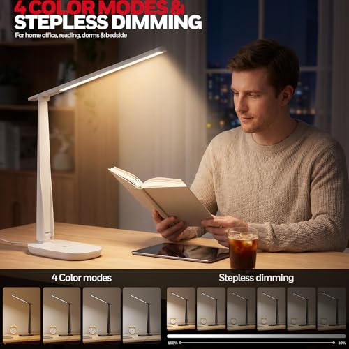 LED Desk Lamp Home Office Dimmable 4 Color Reading Light USB Port