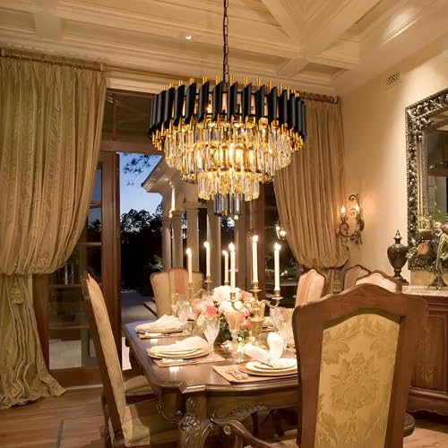7 Light Modern Crystal Chandelier 20" Dining Room Light Fixtures 4 Tiers Flush Mount Smoke Grey and Gold Chandelier Round Chandeliers for Dining Room Living Room Kitchen Entryway Foyer