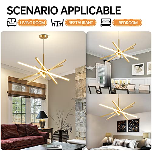 Modern Sputnik Chandelier Ceiling 82W LED Gold Pendant Light Embedded Mount Chandeliers Dining Room Light Fixtures Over Table Dimmable with Remote Control for Living Room Kitchen Bedroom 31.5 inches