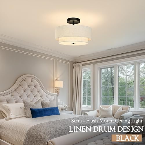 2 Light Semi Flush Mount Ceiling Light Fixture 12.6 Inch Modern Black Drum Ceiling Light Fixture with 2