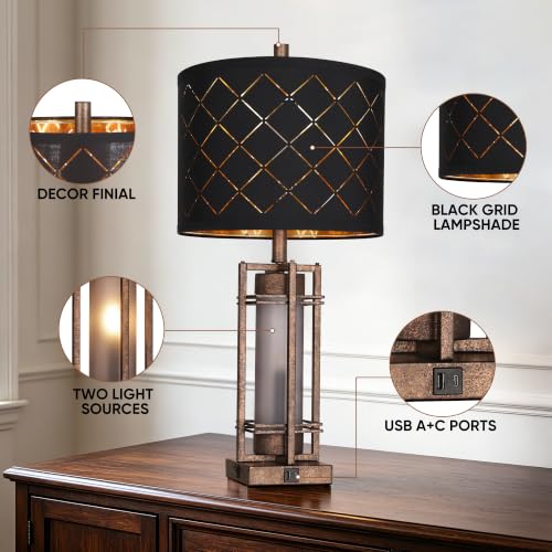Vintage Finish Table Lamp Set of 2 with USB Ports (2 Count)