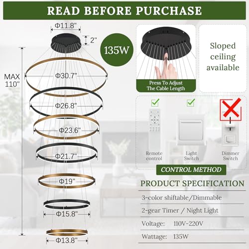 7 Ring LED Chandelier Black Gold Chandeliers Large Dimmable