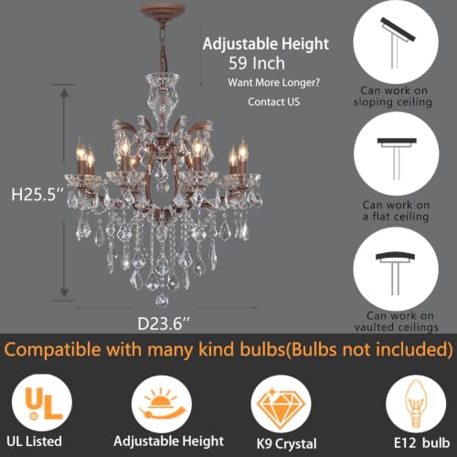 8 Light Crystal Chandelier European Vintage Rustic Metal Pendant Lighting Luxury French Ceiling Light for Living Room Dining Room Foyer Bedroom UL Listed （H25.5 × D23.6）