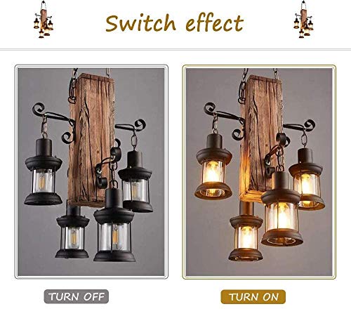Wood Retro Pendant Lighting Industrial Vintage Chandelier Black Metal Bedroom Restaurant Suspension Lamp Cage Frame with Glass Shade House Loft Bar Coffee Decoration Ceiling Lights Fitting