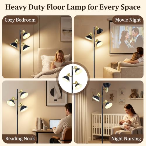 3 Light Floor Lamps for Living Room (Black and Gold)