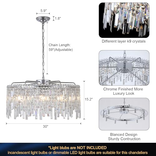 Large Crystal Chandelier 30'' Chrome Modern Chandelier for Dining Room 10 Light Drum Chandelier Luxury K9 Raindrop Crystal Ceiling Pendant Fixtures for Living Room Bedroom Staircase Foyer