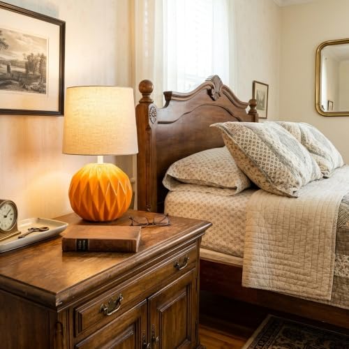 Orange Ceramic Table Lamp with Linen Shade