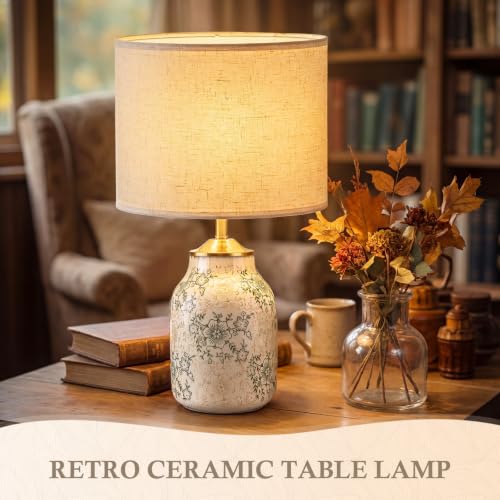 1 Pcs 21" Farmhouse Green Ceramic Lamp with Beige Linen Shade