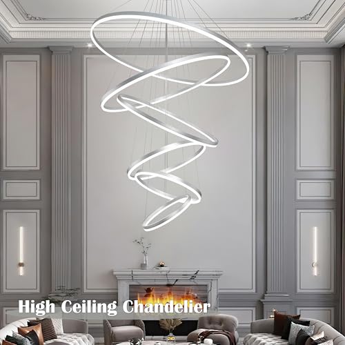 6 Rings Pendant Lights 47.2'' Modern Height Adjustable Chandeliers Sliver Led Chandelier Dimmable Sliver Chandelier Led Pendant Light for Dining Room Bedroom Living Room