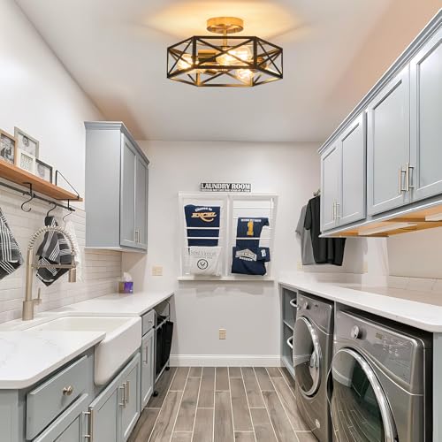 Modern Farmhouse Black and Gold Semi Flush Mount Ceiling Light 14.6 in