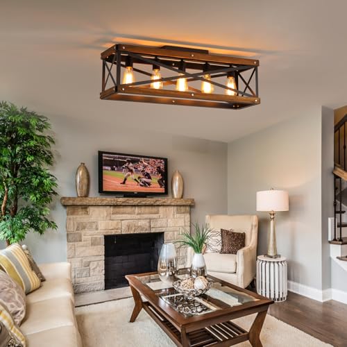 5 Light Large Rustic Farmhouse Wood Flush Mount Ceiling Light Fixture 31.5 inch Oak Wood and Metal Rectangular Track Semi Flush Mount Ceiling Light for Kitchen Living Room Bedroom Indoor