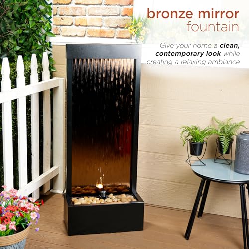 48" Tall Indoor Modern Wall Mounted Zen Mirror Waterfall Floor Fountain with Stones and LED Lights Decor for Office