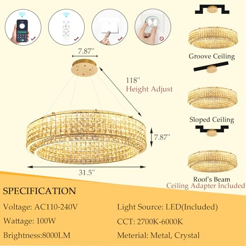 W32 Modern Chandeliers for Living Room LED Dimmable Pendant Lighting High Ceiling Chandelier for Dining Room Foyer Hallway Crystal Rectangle Light Fixtures Gold