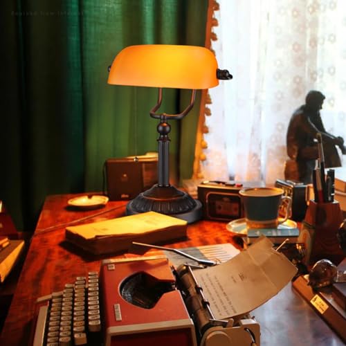 Amber Glass Bankers Desk Lamp with Pull Chain