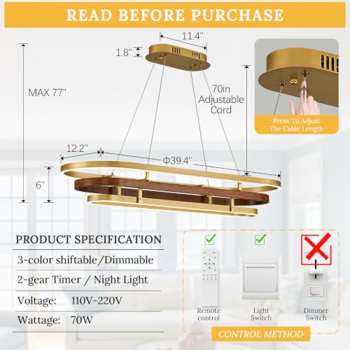 3 Ring LED Chandelier Modern Chandeliers Red Walnut Wood Gold Dimmable 39''